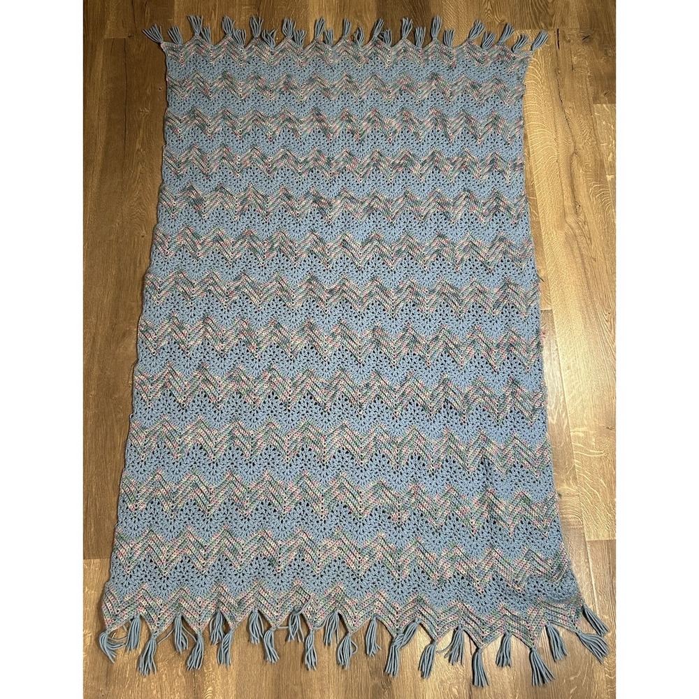 Hand Crocheted Chevron Pattern Afghan Throw Blanket Tassle Fringe Trim Blue